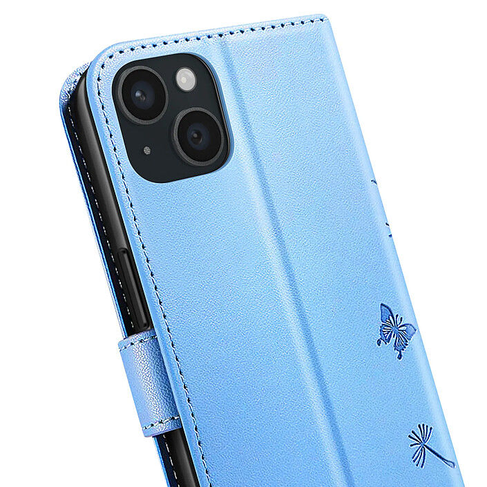 Zanaé Étui Portefeuille pour iPhone 15 Premium Design Fleurs Papillon Bleu clair pas cher