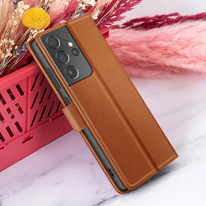 Zanaé Étui Portefeuille pour Galaxy S21 Ultra 5G avec Support et Languette Magnétique Marron pas cher