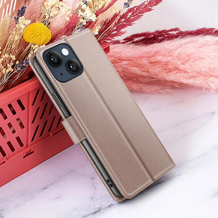 Zanaé Étui Portefeuille pour iPhone 14 Support et Languette Magnétique Taupe pas cher