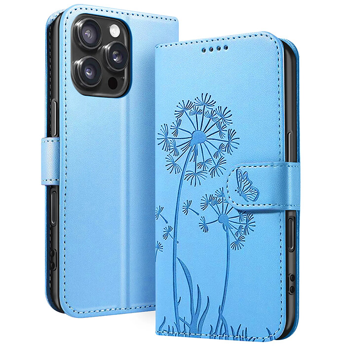 Zanaé Étui Portefeuille pour iPhone 16 Pro Max Premium Design Fleurs Papillon Bleu clair