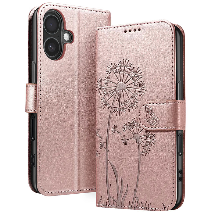 Zanaé Étui Portefeuille pour iPhone 16 Premium Design Fleurs Papillon Rose champagne