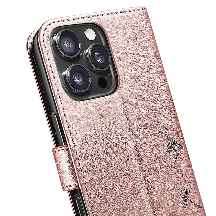 Zanaé Étui Portefeuille pour iPhone 16 Pro Max Premium Design Fleurs Papillon Rose champagne pas cher