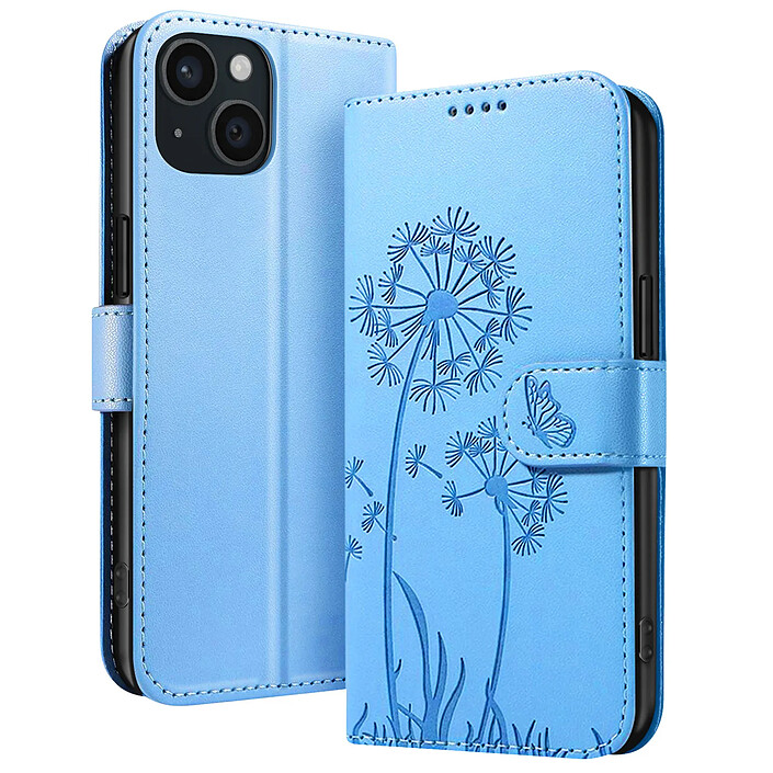 Zanaé Étui Portefeuille pour iPhone 15 Premium Design Fleurs Papillon Bleu clair