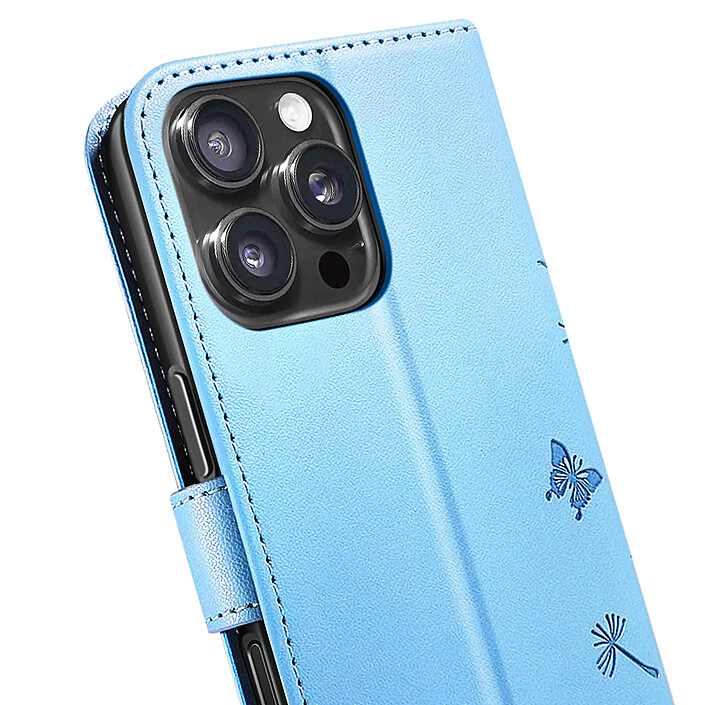 Zanaé Étui Portefeuille pour iPhone 16 Pro Max Premium Design Fleurs Papillon Bleu clair pas cher