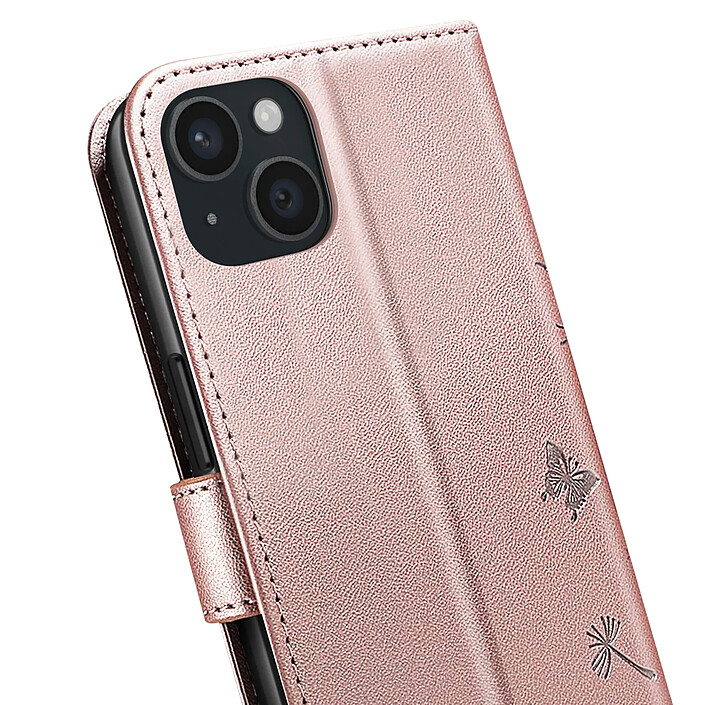 Zanaé Étui Portefeuille pour iPhone 15 Premium Design Fleurs Papillon Rose champagne pas cher