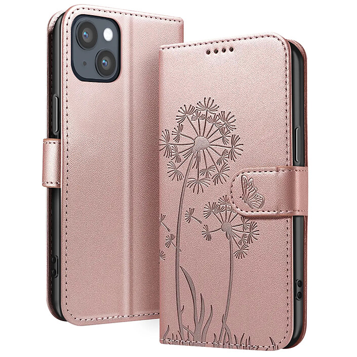 Zanaé Étui Portefeuille pour iPhone 13 / 14 Premium Design Fleurs Papillon Rose champagne