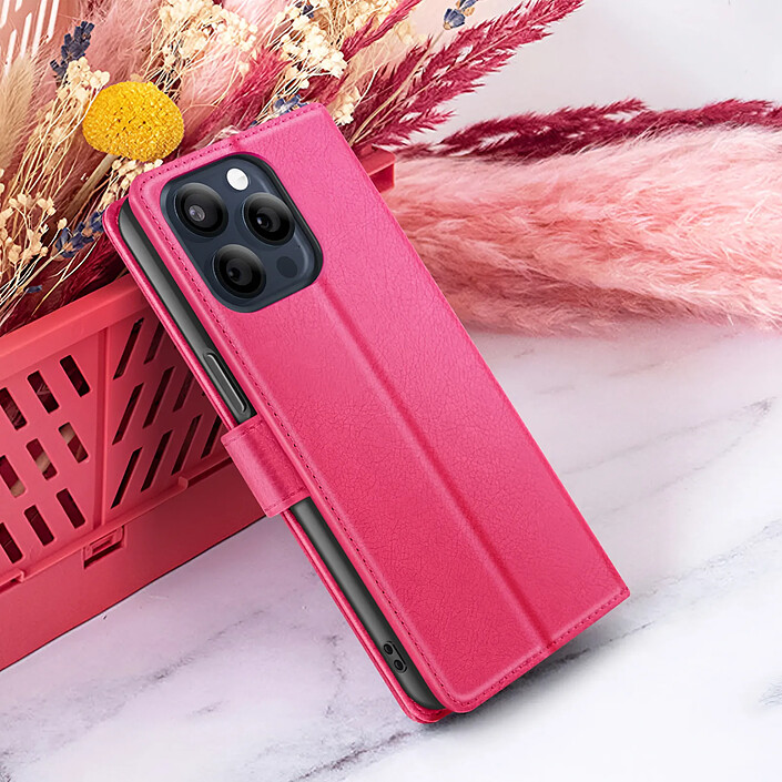 Zanaé Étui Portefeuille pour iPhone 15 Pro Fonction Support et Languette Magnétique Fuchsia pas cher