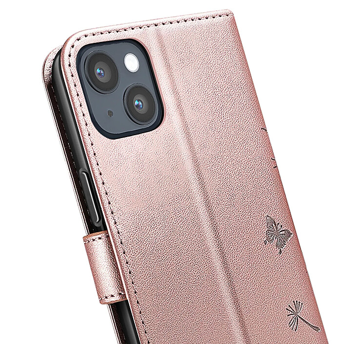 Zanaé Étui Portefeuille pour iPhone 13 / 14 Premium Design Fleurs Papillon Rose champagne pas cher