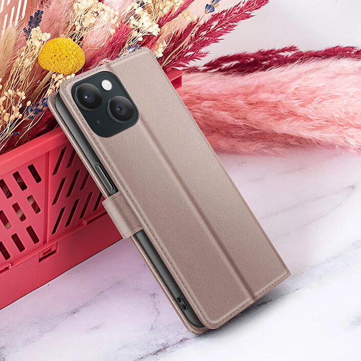 Zanaé Étui Portefeuille pour iPhone 15 Support et Languette Magnétique Taupe pas cher