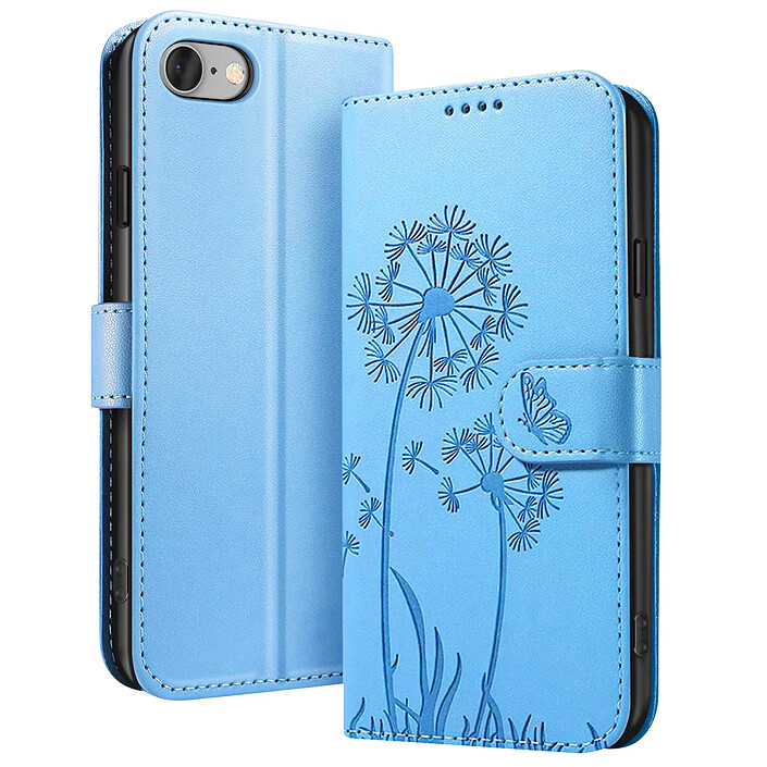 Zanaé Étui Portefeuille pour iPhone 7 / 8 / SE 2022 Premium Design Fleurs Papillon Bleu clair