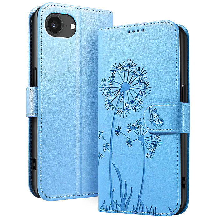 Zanaé Étui Portefeuille pour iPhone 16e Premium Design Fleurs Papillon Bleu clair