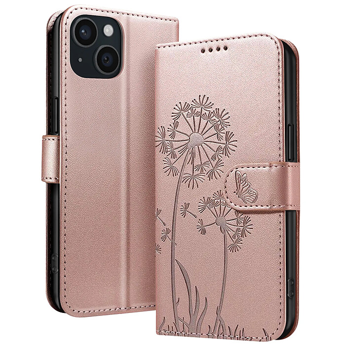 Zanaé Étui Portefeuille pour iPhone 15 Premium Design Fleurs Papillon Rose champagne