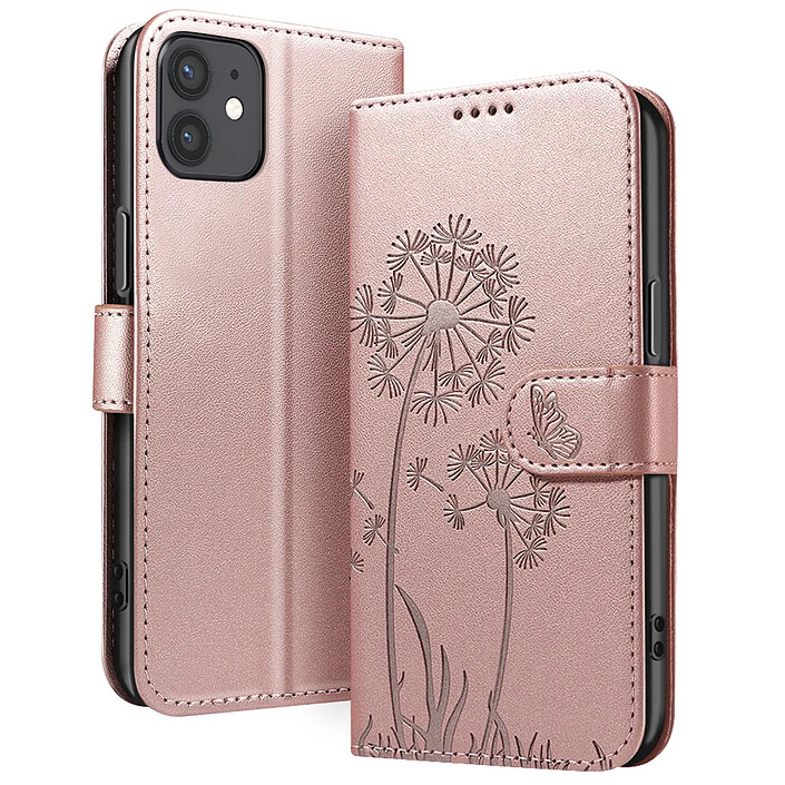 Zanaé Étui Portefeuille pour iPhone 12 / 12 Pro Premium Design Fleurs Papillon Rose champagne
