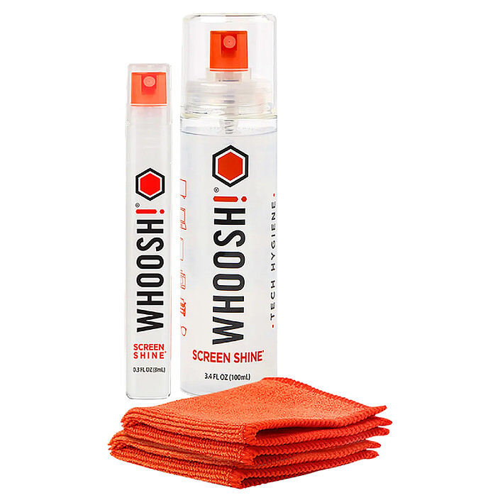 WHOOSH Kit de Nettoyage d'Écran Duo 100?ml + 8?ml avec 2 Chiffons Antimicrobiens Transparent