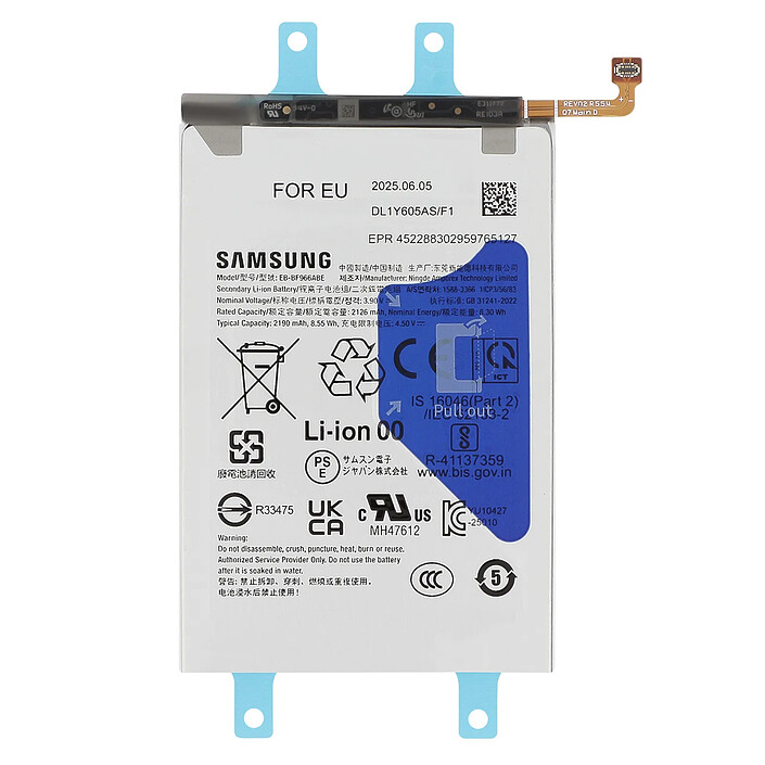 Samsung Batterie Principale pour Galaxy Z Fold 7 Capacité 2190mAh Modèle EB-BF966ABE Gris