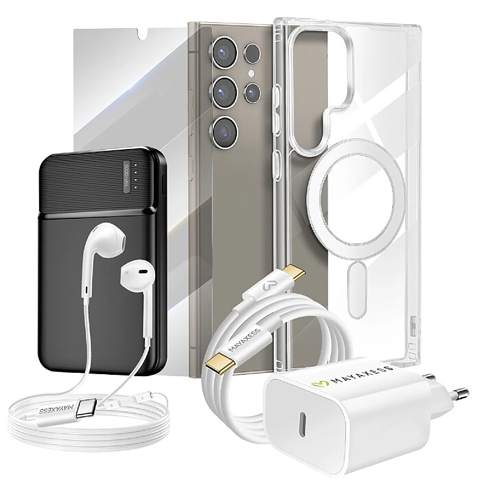 Mayaxess Pack Complet pour Galaxy S24 Ultra Coque, Verre, Chargeur, Batterie Externe, Écouteurs (6 pièces) Transparent
