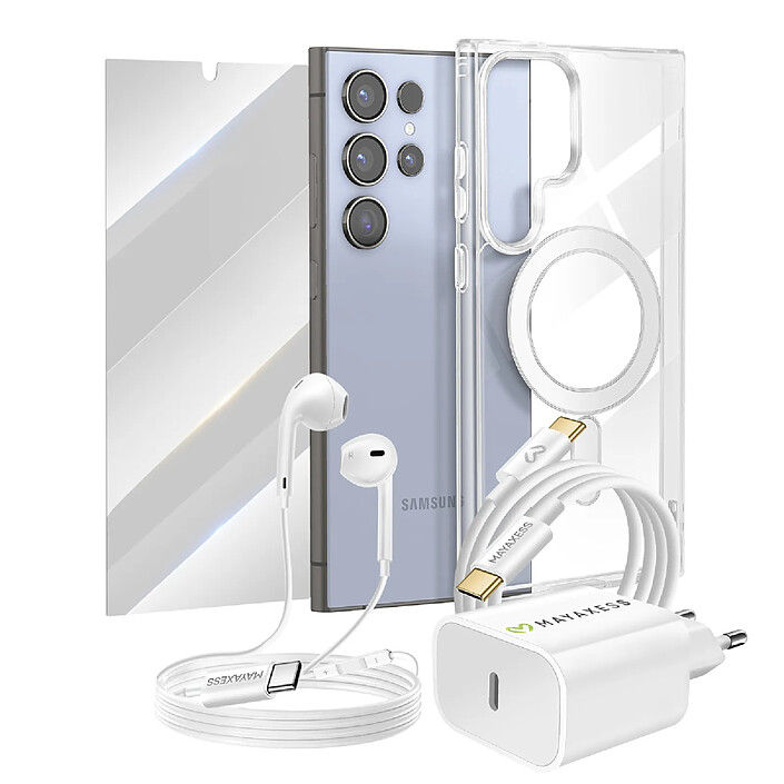 Mayaxess Pack Essentiel pour Galaxy S24 Ultra Coque, Verre, Chargeur, Écouteurs (5 pièces) Transparent