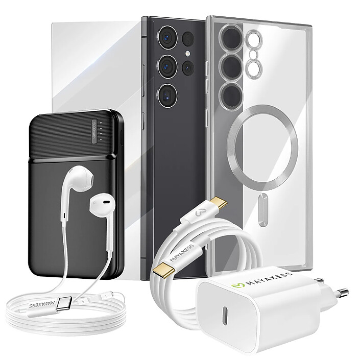 Mayaxess Pack Complet pour Galaxy S23 Ultra Coque, Film, Chargeur, Batterie externe, Écouteurs (6 pièces) Argent