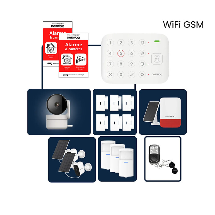 Daewoo - Alarme Maison Wifi & GSM Sans Fil Vigilia VIG505+ - Kit Complet avec 3 Caméras Full HD intérieur/ 2x extérieures solaires et 13 Accessoires