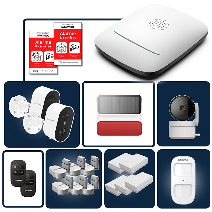 Daewoo - Pack Alarme Maison sans Fil Elite (Defense+) - Centrale PA501Z - Kit comprenant 15 Accessoires + 2 Caméras autonomes Extérieure & 1 Intérieur