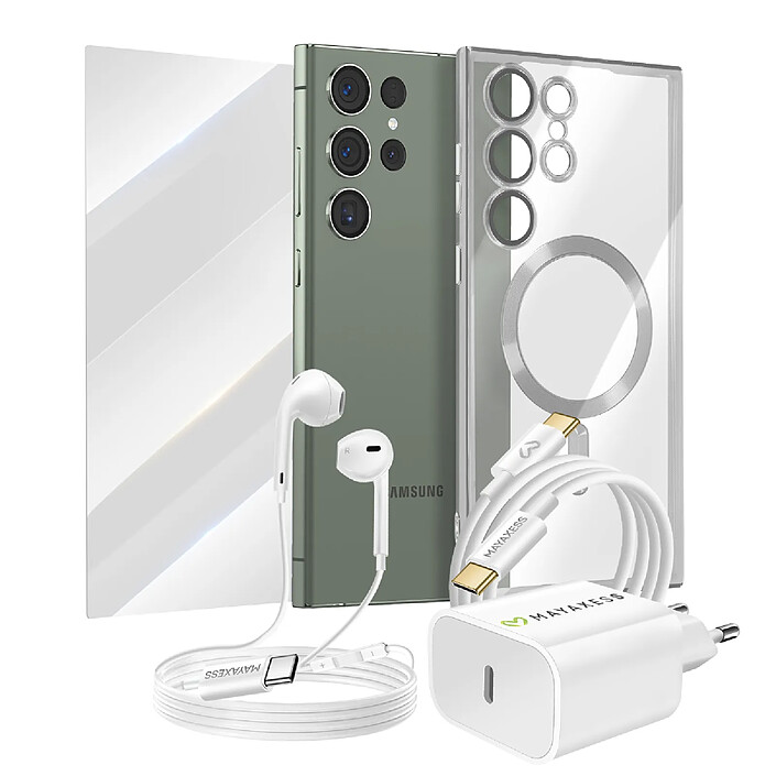 Mayaxess Pack Essentiel pour Galaxy S23 Ultra Coque, Film, Chargeur, Écouteurs (5 pièces) Argent