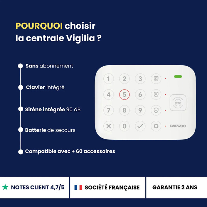 Acheter Daewoo - Alarme Maison Wifi Sans Fil Vigilia VIG504 - Kit Complet avec 3 Caméras Full HD intérieur/ 2 x Extérieur autonomes et 12 Accessoires