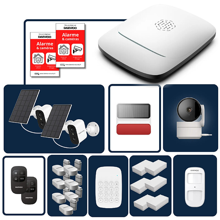 Daewoo - Pack Alarme Maison Sans Fil Elite (Horizon+) - Centrale PA501Z - Kit XXL 18 Accessoires + 2 Caméras Solaires Extérieures & 1 Intérieure