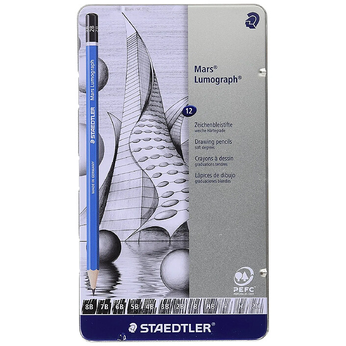 STAEDTLER Boîte Métal 12 Crayons Mars Lumograph 100 - Graphite Assortis