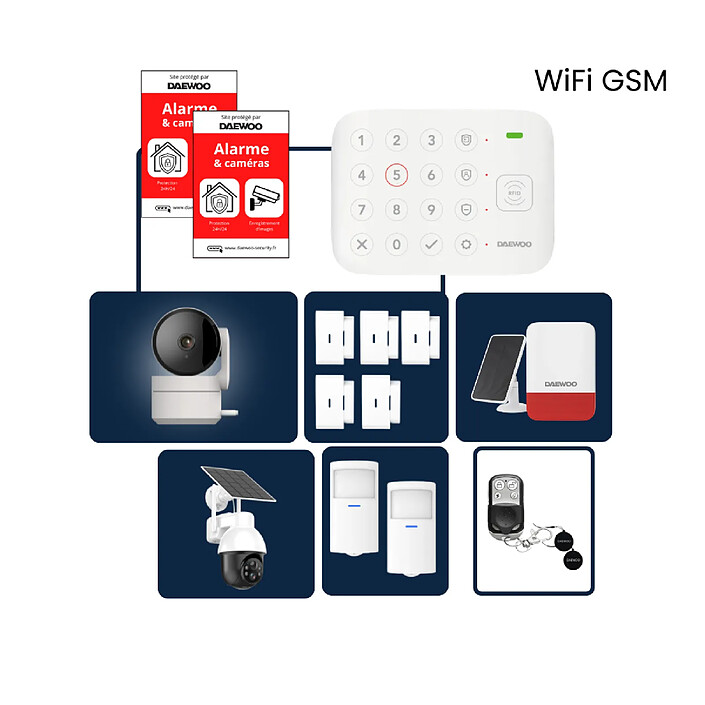 Daewoo - Alarme Maison Wifi/GSM sans Fil Vigilia VIG506+ - Kit Complet avec 2 Caméras Full HD intérieur/extérieur solaire motorisée et 11 Accessoires