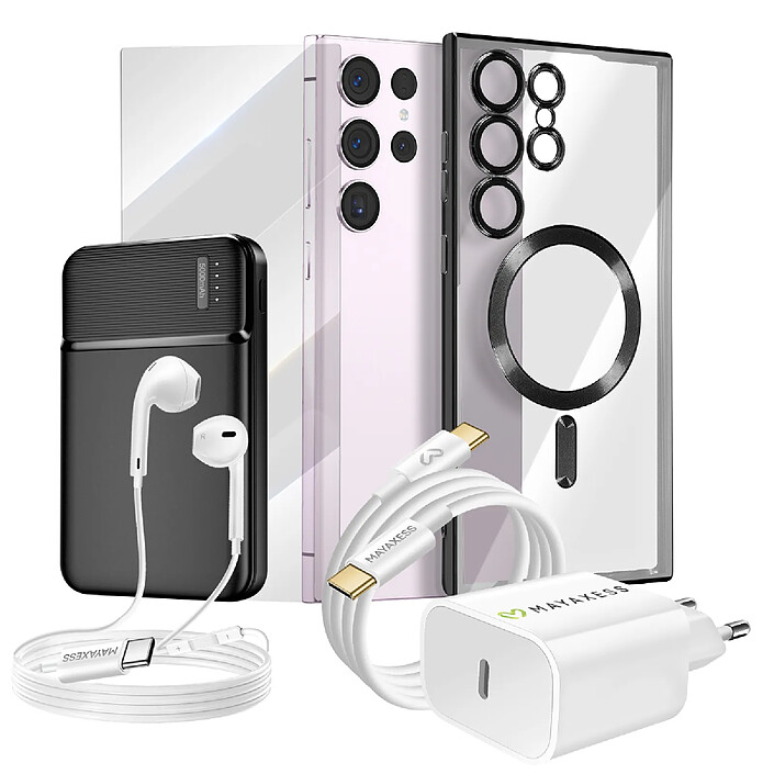 Mayaxess Pack Complet pour Galaxy S23 Ultra Coque, Film, Chargeur, Batterie externe, écouteurs (6 pièces) Noir