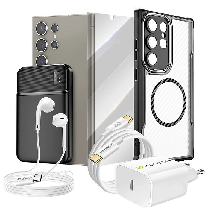 Mayaxess Pack Complet pour Galaxy S24 Ultra Coque, Verre, Chargeur, Batterie Externe, Écouteurs (6 pièces) Noir transparent