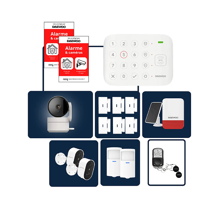 Daewoo - Alarme Maison Wifi Sans Fil Vigilia VIG504 - Kit Complet avec 3 Caméras Full HD intérieur/ 2 x Extérieur autonomes et 12 Accessoires