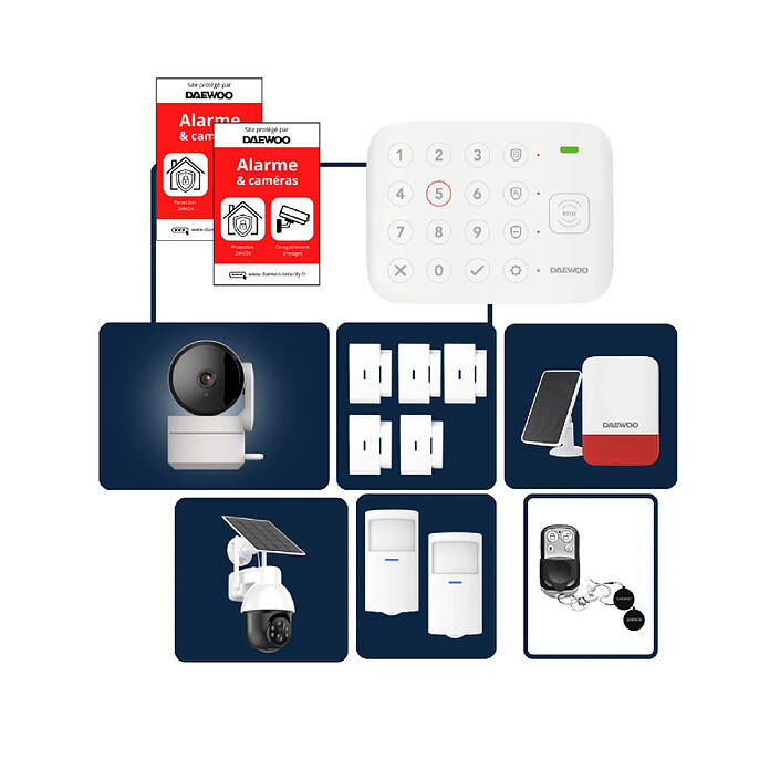 Daewoo - Alarme Maison Wifi Sans Fil Vigilia VIG506 - Kit Complet avec 2 Caméras Full HD intérieur/extérieur solaire motorisée et 11 Accessoires