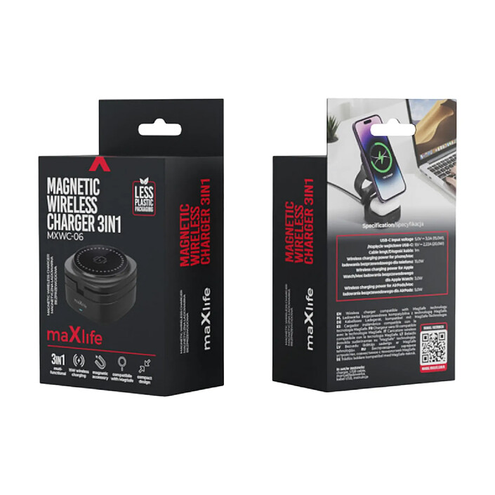 Maxlife Chargeur sans fil 3-en-1 MagSafe Qi 15W pour Smartphone / AirPods / Apple Watch Noir pas cher
