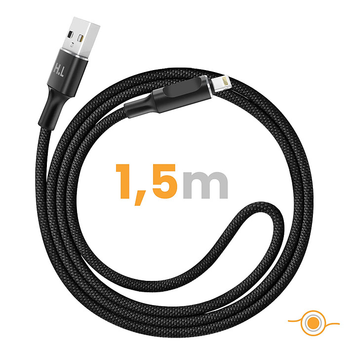 Acheter Avizar Câble USB-A vers Lightning avec LED et Charge Rapide 2,4A Nylon Tressé 1,5m Noir