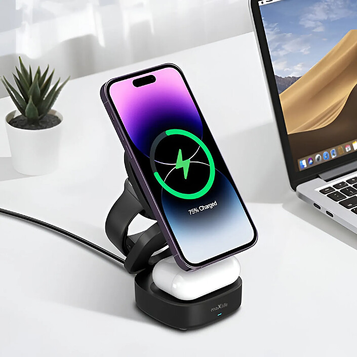 Avis Maxlife Chargeur sans fil 3-en-1 MagSafe Qi 15W pour Smartphone / AirPods / Apple Watch Noir