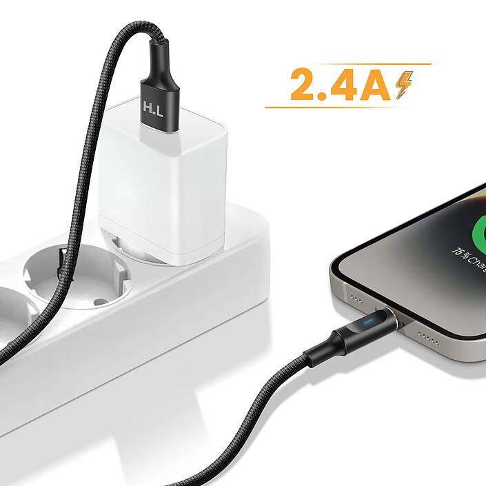 Avizar Câble USB-A vers Lightning avec LED et Charge Rapide 2,4A Nylon Tressé 1,5m Noir pas cher
