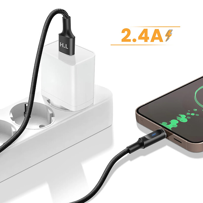 Avizar Câble USB-A vers USB-C avec LED et Charge Stable 2.4A Nylon Tressé 1.5m Noir pas cher