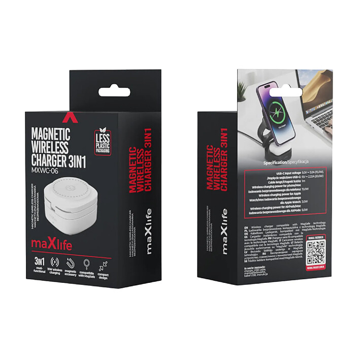 Maxlife Chargeur sans fil 3-en-1 MagSafe Qi 15W pour Smartphone / AirPods / Apple Watch Blanc pas cher
