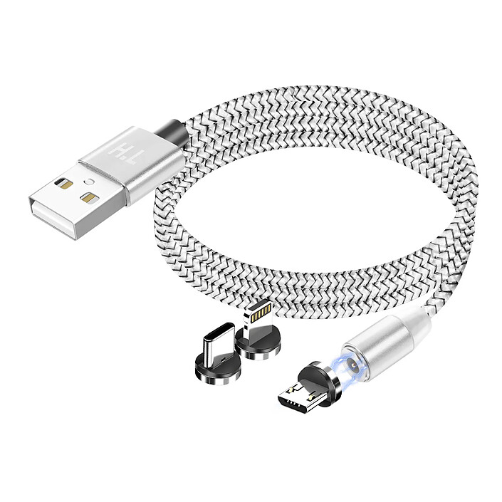 Avizar Câble Magnétique 3-en-1 USB-C / Lightning / Micro-USB vers USB-A 1m Argent