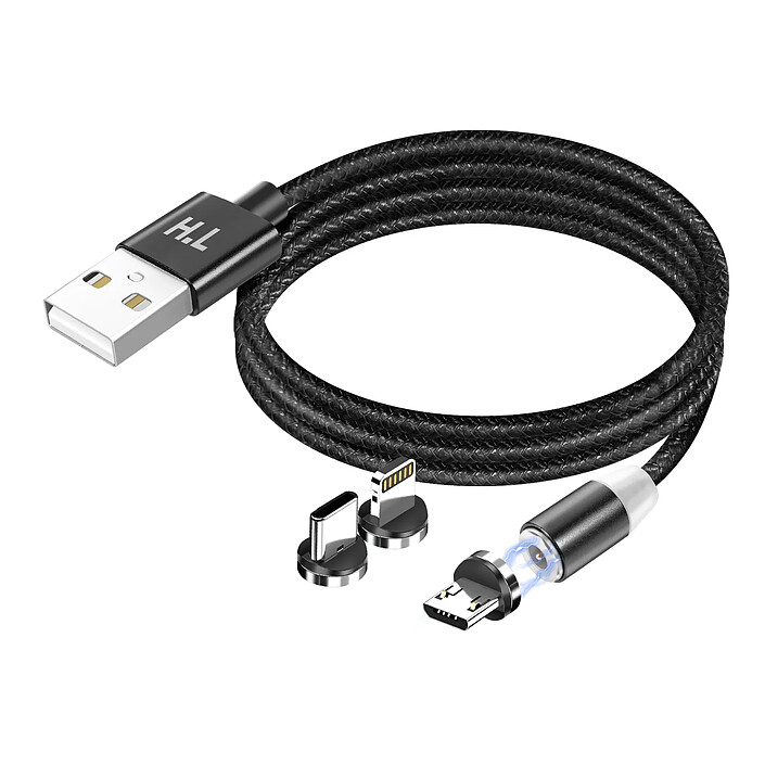 Avizar Câble Magnétique 3-en-1 USB-C / Lightning / Micro-USB vers USB-A 1m Noir