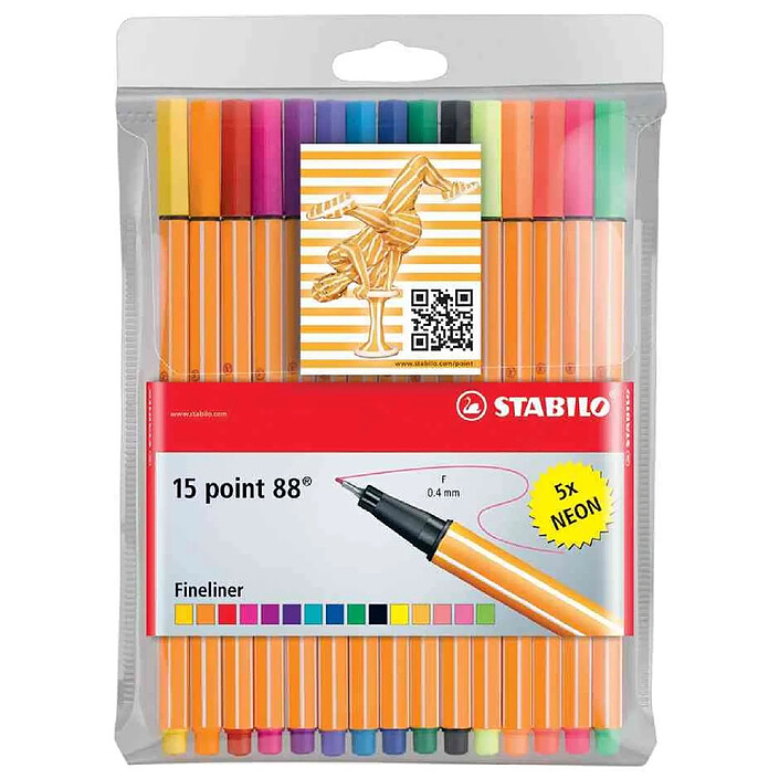 STABILO Pochette de 15 Stylo-Feutre POINT 88 Pointe Fine 0,4 mm dont 5 FLUO
