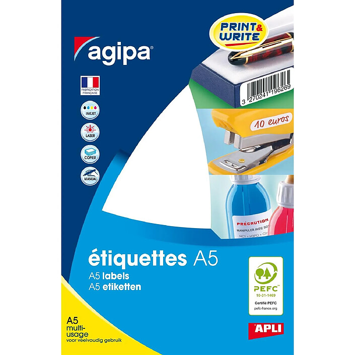 AGIPA Etui A5 ( 16F ) de 800 étiquettes multi-usage Permanentes 19x25 mm Blanc