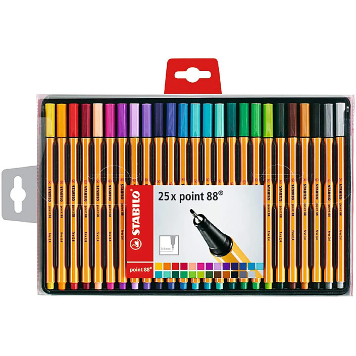 STABILO Coffret de 25 Stylo-Feutre POINT 88 Pointe Fine 0,4 mm couleurs assorties
