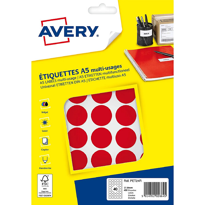 AVERY Sachet de 400 pastilles Ø24 mm. Imprimables. Coloris rouge.
