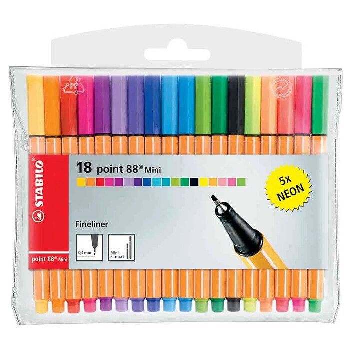 STABILO Pochette de 18 Stylo-Feutre POINT 88 MINI Pointe Fine 0,4 mm dont 5 fluo
