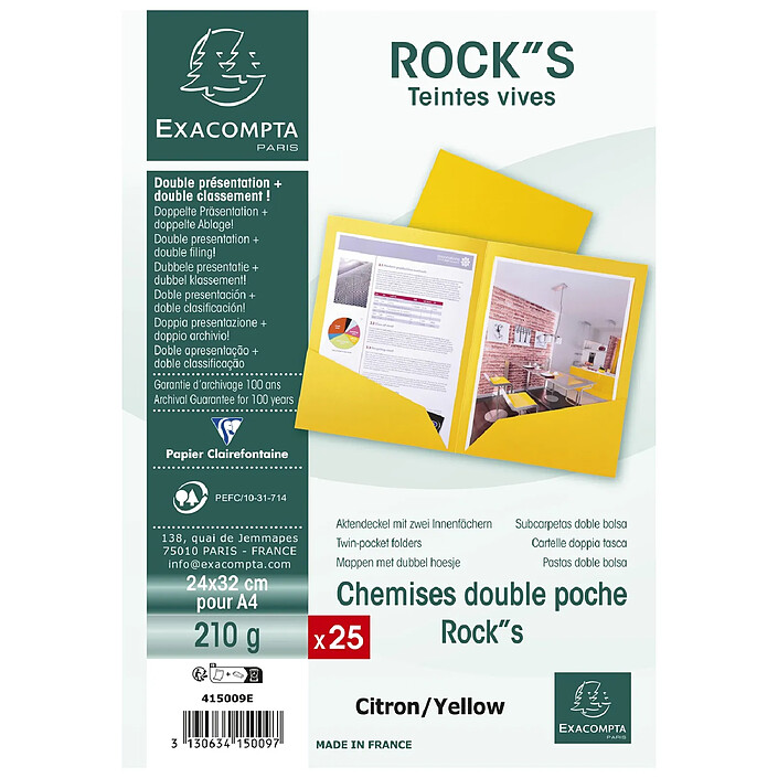 EXACOMPTA Paquet 25 chemises Double Poche ROCK''S 210 double A4 ou A3 - 24x32cm Jaune citron