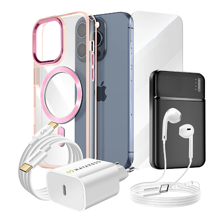 Mayaxess Pack Complet pour  iPhone 15 Pro Coque, Verre, Chargeur, Batterie externe, écouteurs (6 pièces) Rose