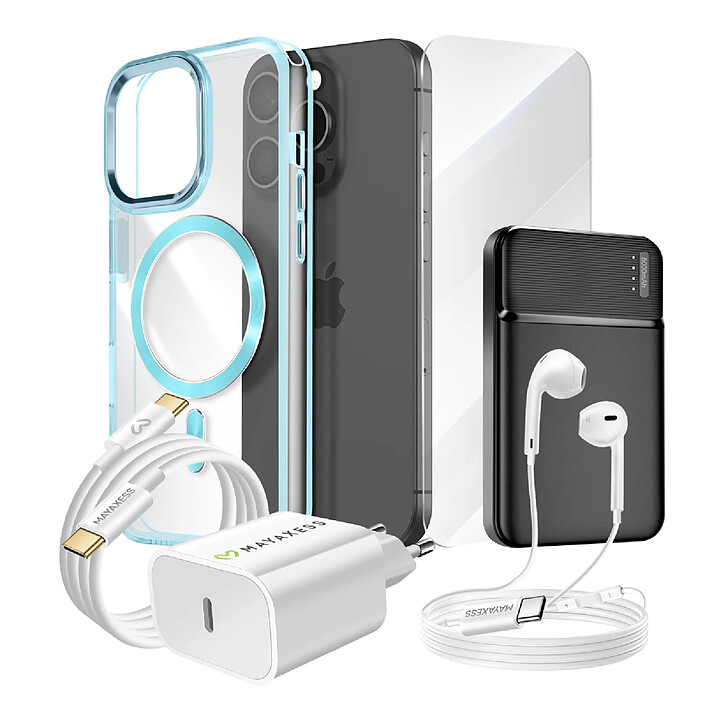 Mayaxess Pack Complet pour  iPhone 15 Pro Coque, Verre, Chargeur, Batterie externe, écouteurs (6 pièces) Bleu