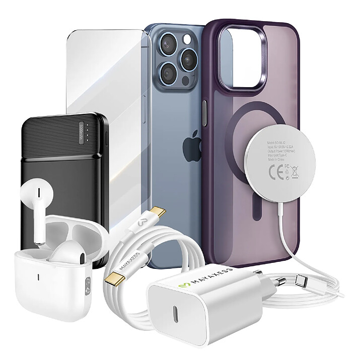 Mayaxess Pack Elite pour iPhone 15 Pro Max Coque, Verre, Chargeur, Batterie Externe, Magsafe, Écouteurs Bluetooth (7 pièces) Violet